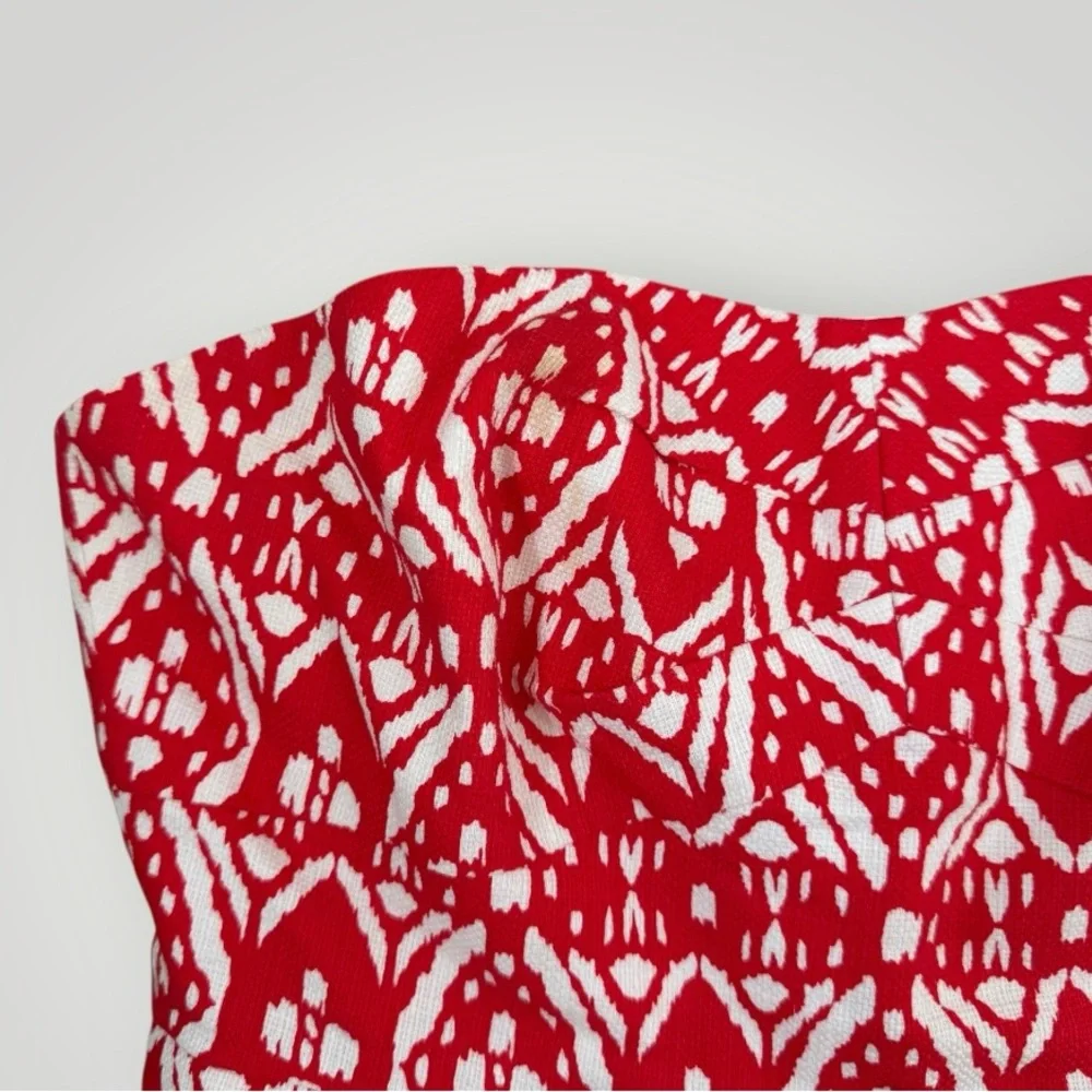 J. Crew Strapless Geometric Red and White Twee Feminine Midi Dress Size 4‎